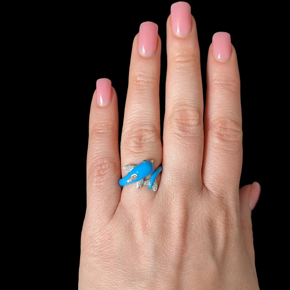 EFFY Dolphin Wrap Ring Diamonds Blue Enamel 14k White Gold New Old Stock